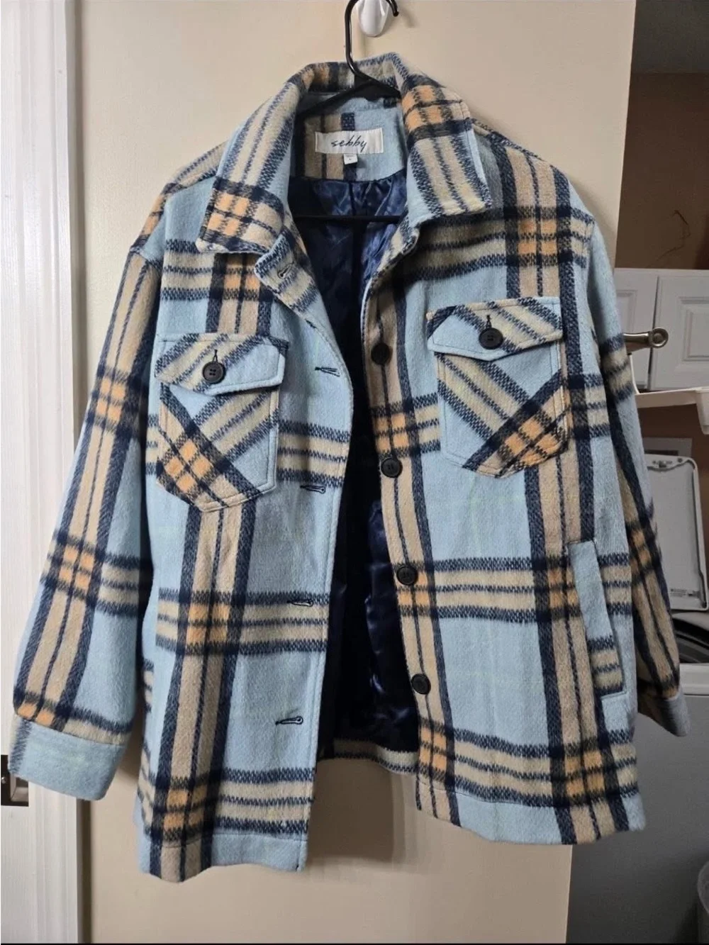 Light Blue and Beige Plaid Button-Up Shacket - Picture 1 of 1